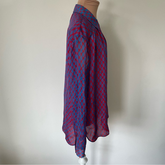Jason Wu Miss Wu Blue Red Multi Silk Sheer Panel Long Sleeve Button Down Top 12 - Picture 4 of 9